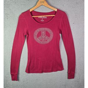 Lucky Tees Peace Sign Thermal Burgundy S Studded Waffle Knit Boho Graphic